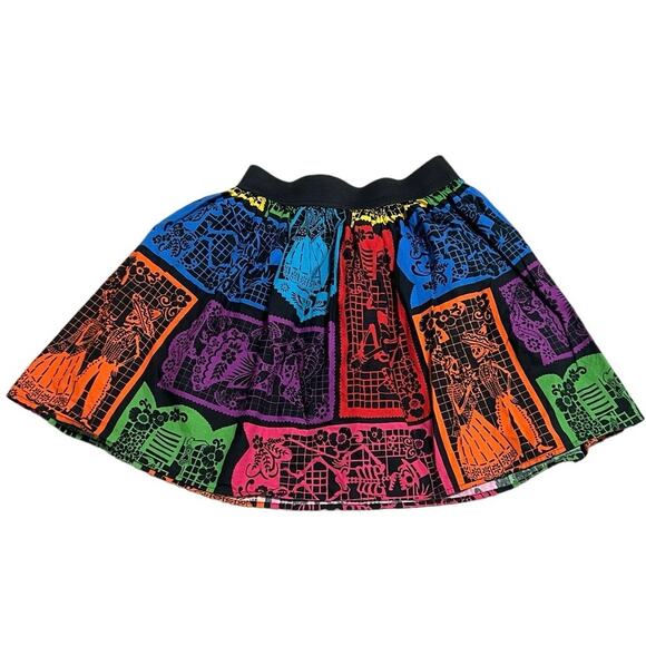Hemet Colorful Day of the Dead Print Pull on Full Mini Skirt, Size M - Picture 2 of 5